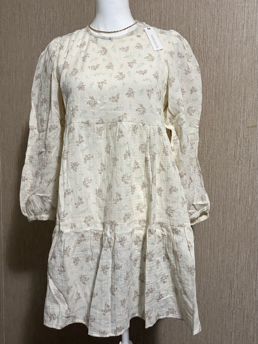 Olivaceous Cream Floral Tiered Long-Sleeve Dress